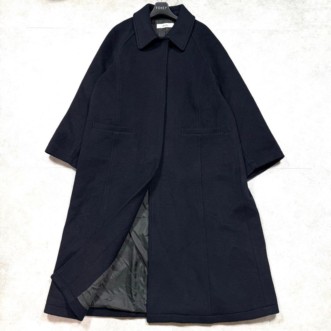美品/2024年♡アンヌーク ウールステンカラーコート ロング 比翼 濃紺 36 ウールステンカラーロングコート
