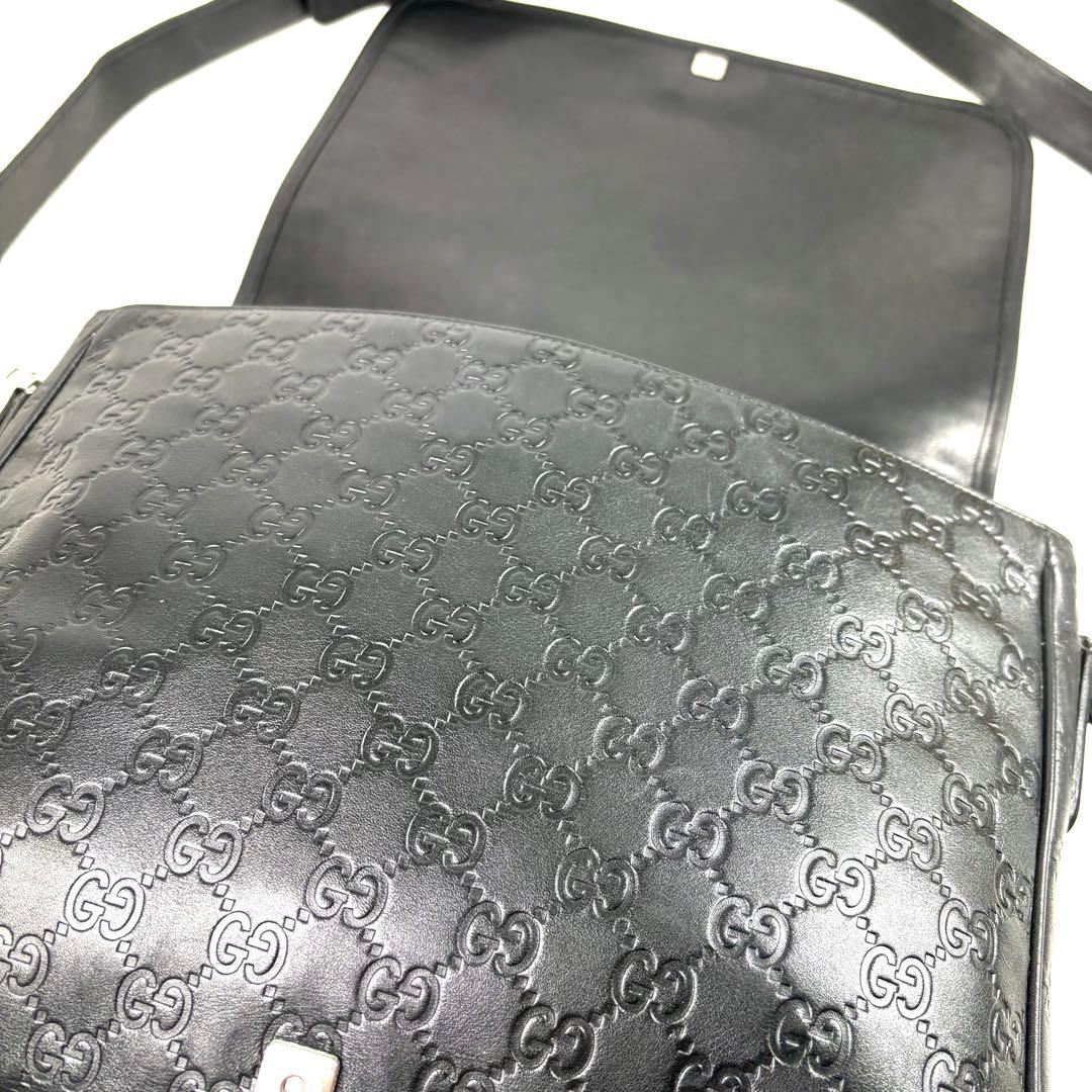 レア✨グッチ メッセンジャーバッグ シマ レザー ブラック GG柄 A4PC可