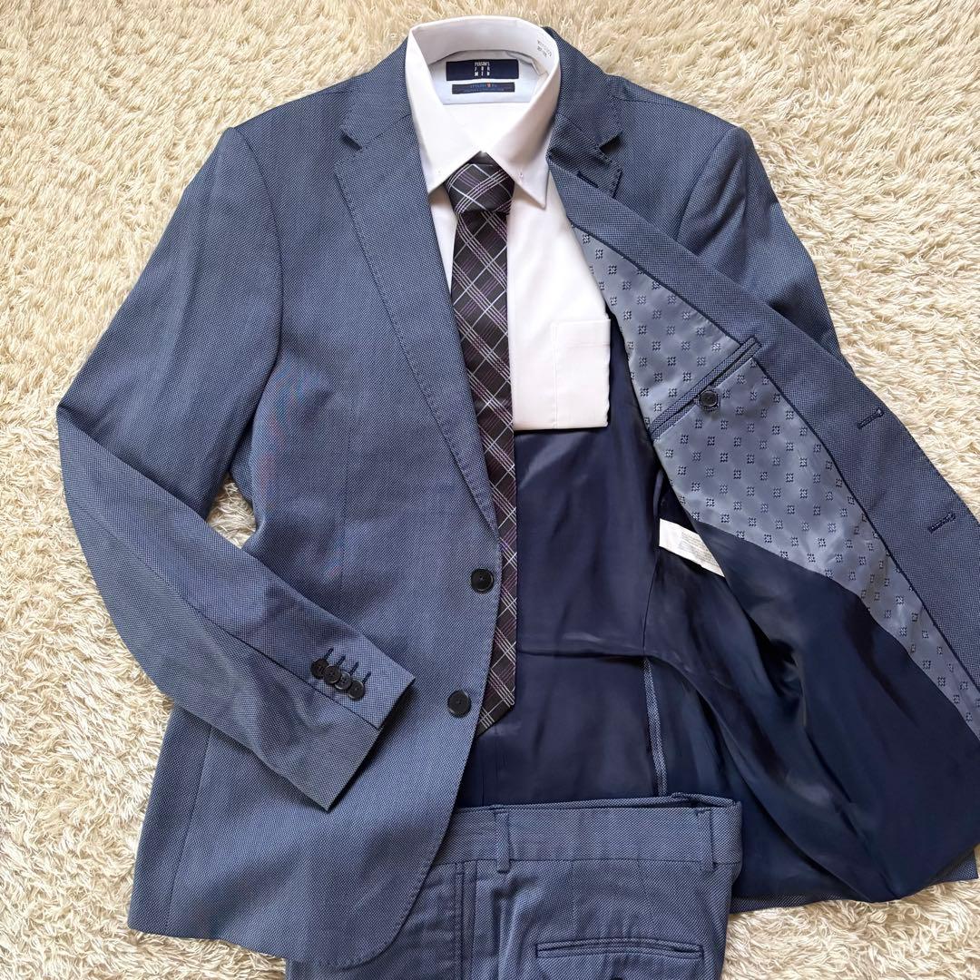 美品✨XXLサイズ相当 ZARA スーツ セットアップ ブルー 伸縮 しつけ糸