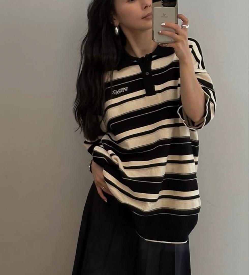 こ*ま様 MULTI BORDER LOGO KNIT POLO TOP ブラッ MULTI BORDER LOGO KNIT POLO TOP