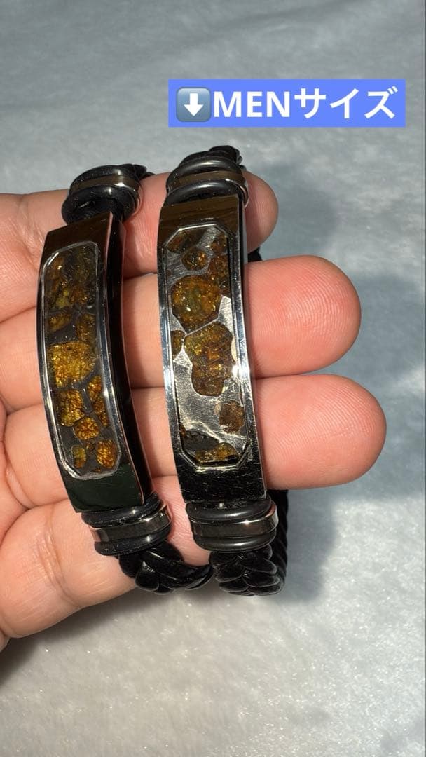 セリコパラサイト隕石 レザー編み×ステンレス ブレスレット メンズサイズ 1点物】超希少◇数量限定 セリコ隕石 パラサイト隕石 12mm