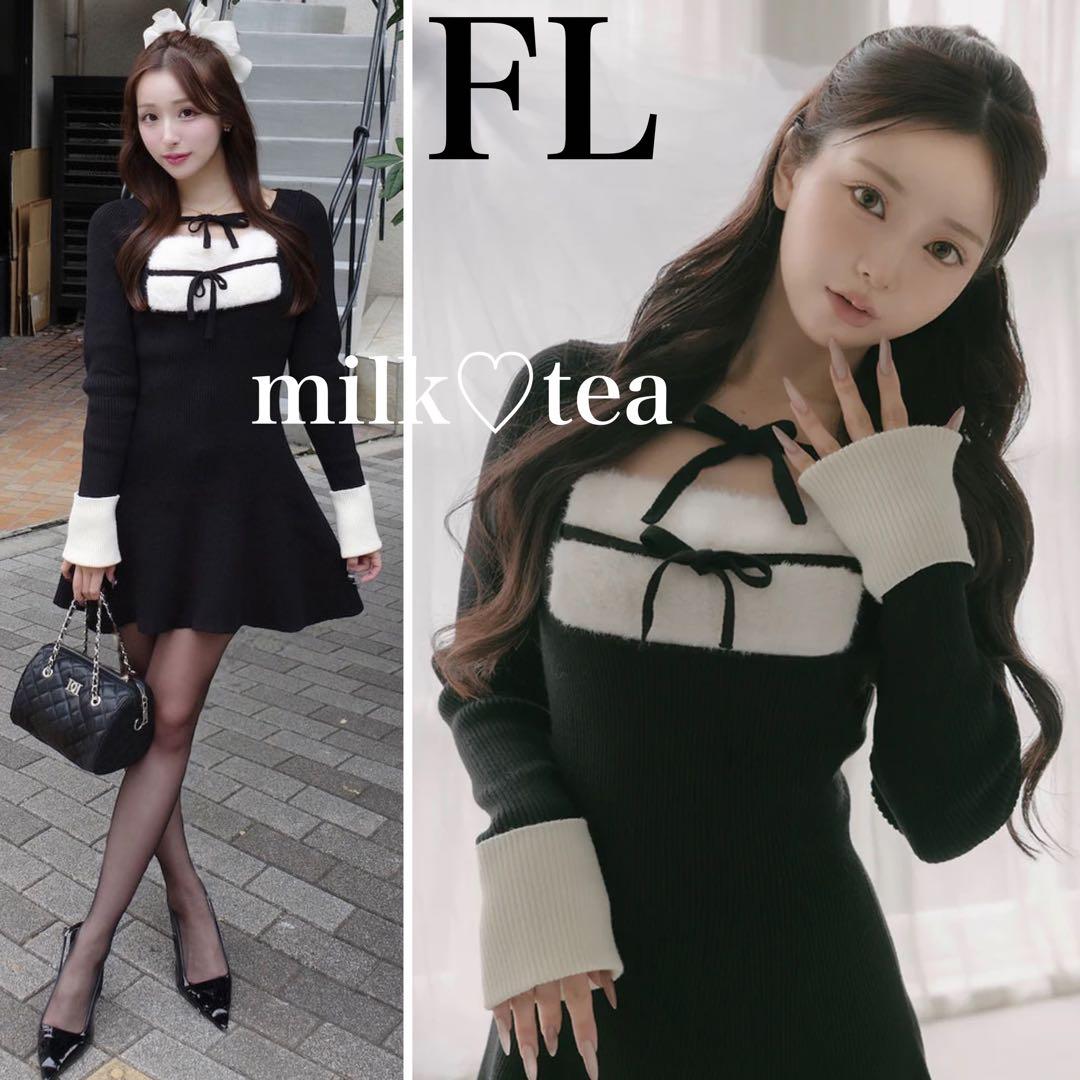 新品タグ付 ダーリッチ リボンファーフレアニットミニワンピース ブラック FL ダーリッチ Darich リボンファーフレアニットミニワンピース